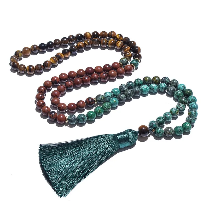 8mm Natural Yellow Tiger Eye Mahogany Obsidian African Turquoise Beaded Necklace
