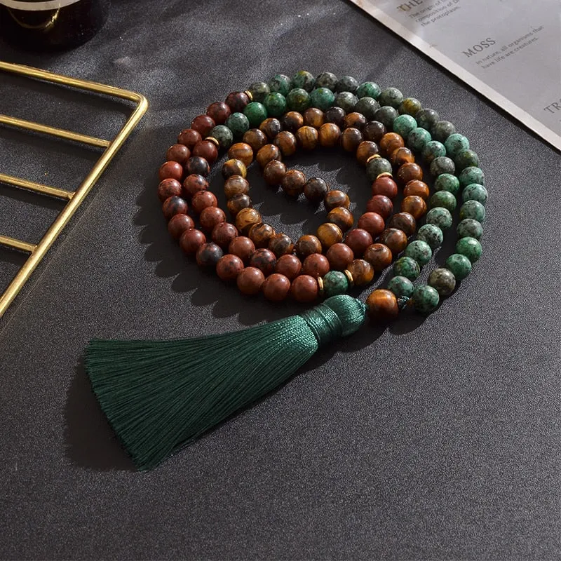 8mm Natural Yellow Tiger Eye Mahogany Obsidian African Turquoise Beaded Necklace