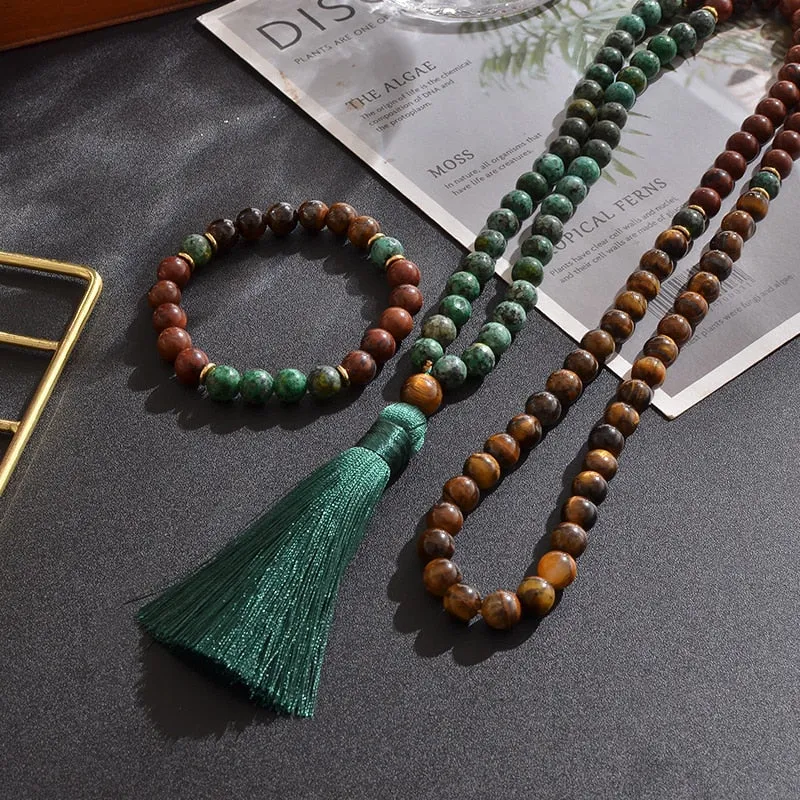 8mm Natural Yellow Tiger Eye Mahogany Obsidian African Turquoise Beaded Necklace