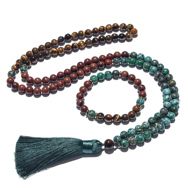 8mm Natural Yellow Tiger Eye Mahogany Obsidian African Turquoise Beaded Necklace