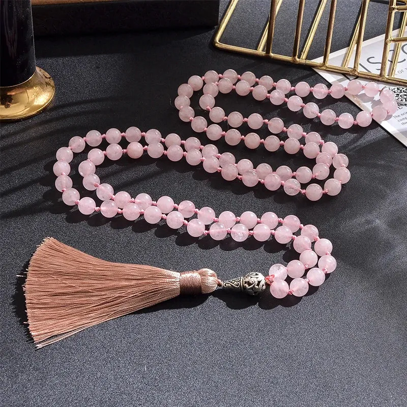8mm Rose Quartz Necklace Bracelet Set 108 Mala Beads Jewelry Meditation