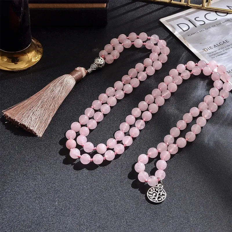 8mm Rose Quartz Necklace Bracelet Set 108 Mala Beads Jewelry Meditation
