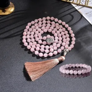 8mm Rose Quartz Necklace Bracelet Set 108 Mala Beads Jewelry Meditation