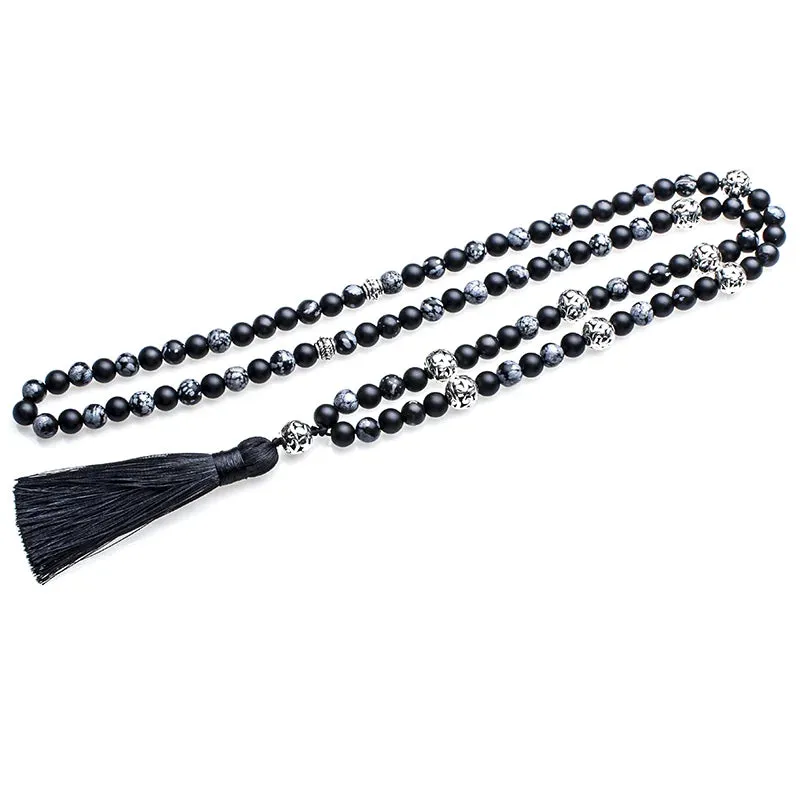 8mm Snowflake Obsidian Frosted Black Agate Beaded Japamala Necklace Meditation Yoga Jewelry