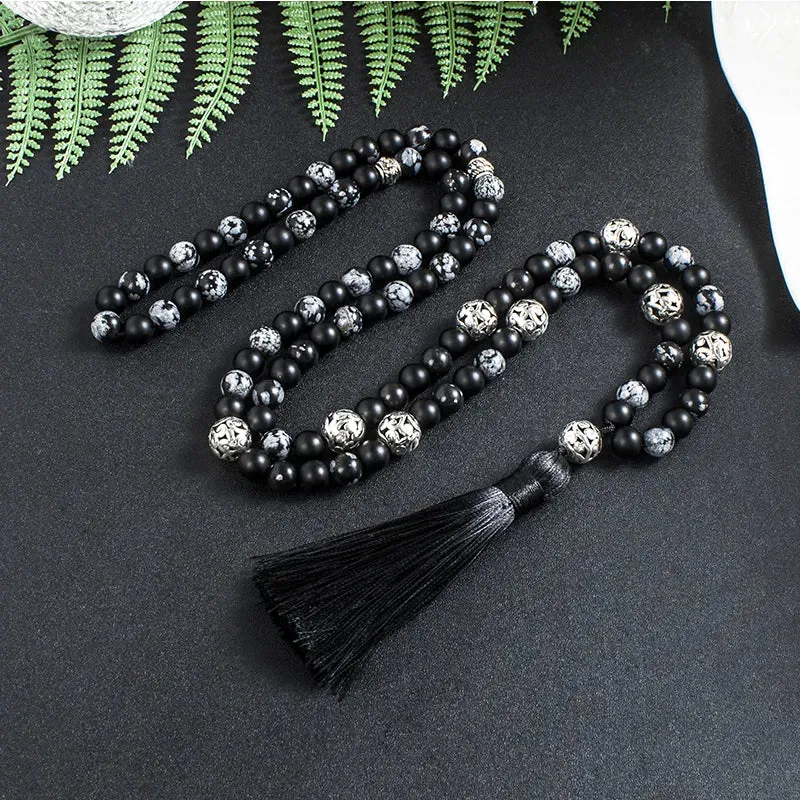 8mm Snowflake Obsidian Frosted Black Agate Beaded Japamala Necklace Meditation Yoga Jewelry