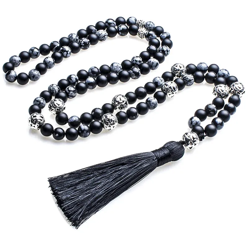 8mm Snowflake Obsidian Frosted Black Agate Beaded Japamala Necklace Meditation Yoga Jewelry