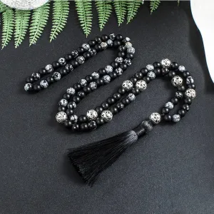 8mm Snowflake Obsidian Frosted Black Agate Beaded Japamala Necklace Meditation Yoga Jewelry