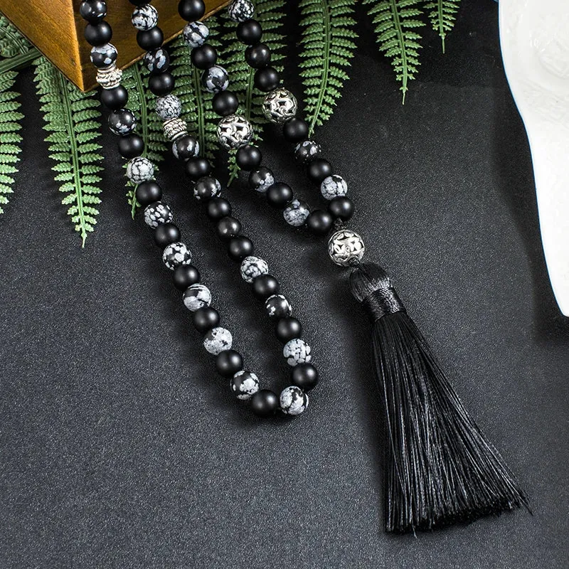8mm Snowflake Obsidian Frosted Black Agate Beaded Japamala Necklace Meditation Yoga Jewelry