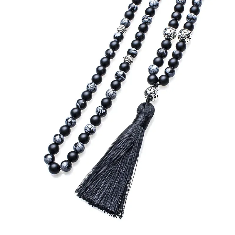 8mm Snowflake Obsidian Frosted Black Agate Beaded Japamala Necklace Meditation Yoga Jewelry