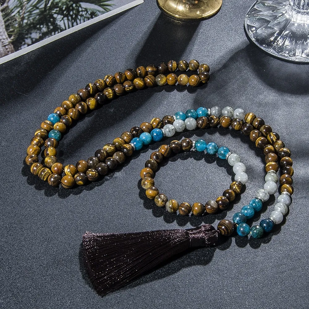 8mm Tiger Eye Apatite Labradorite Beaded Mala Necklace