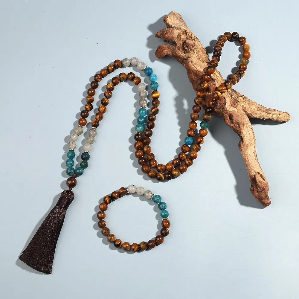 8mm Tiger Eye Apatite Labradorite Beaded Mala Necklace
