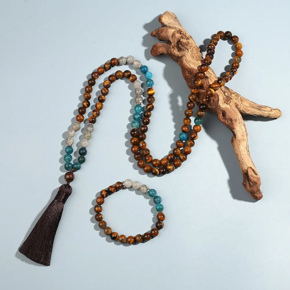 8mm Tiger Eye Apatite Labradorite Beaded Mala Necklace