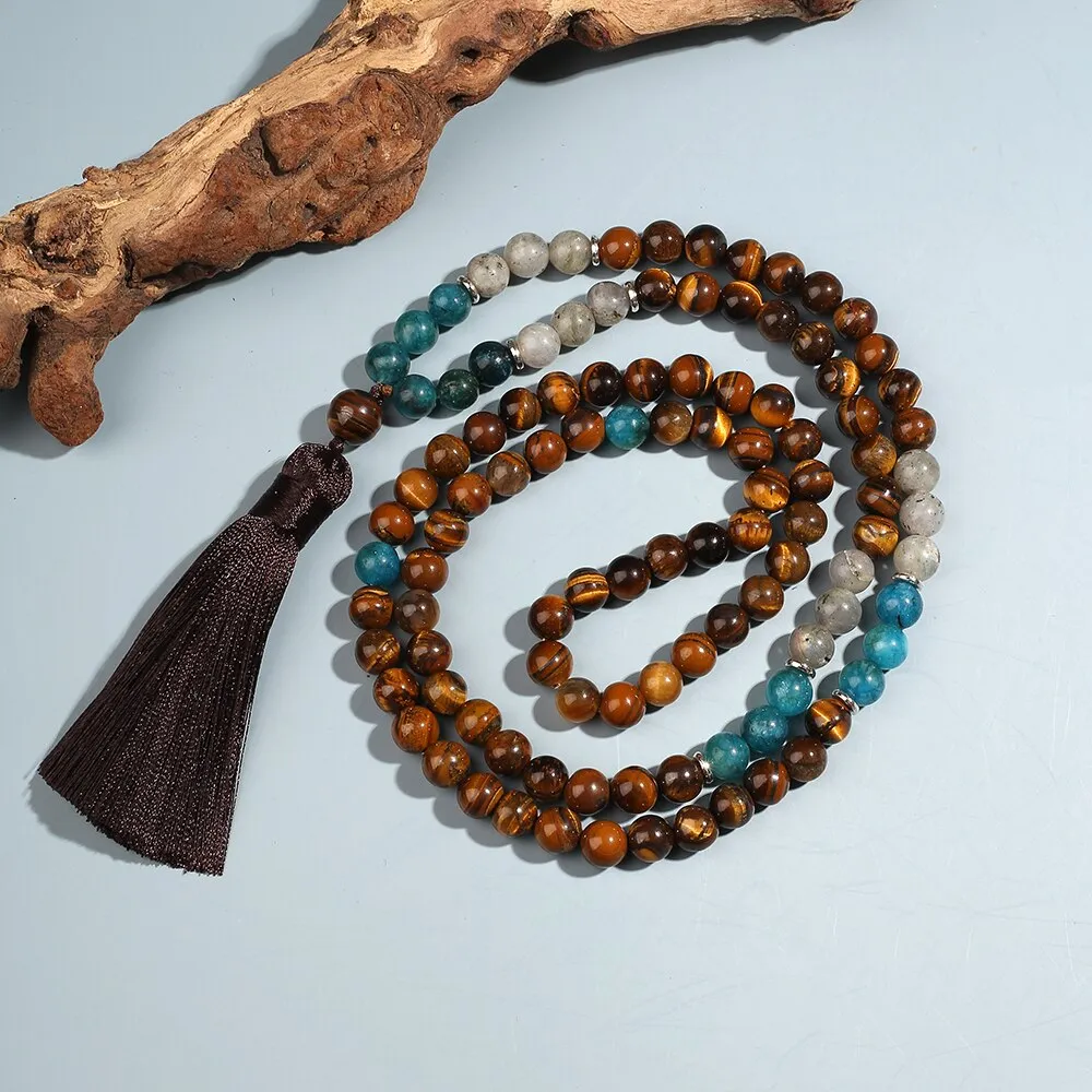 8mm Tiger Eye Apatite Labradorite Beaded Mala Necklace