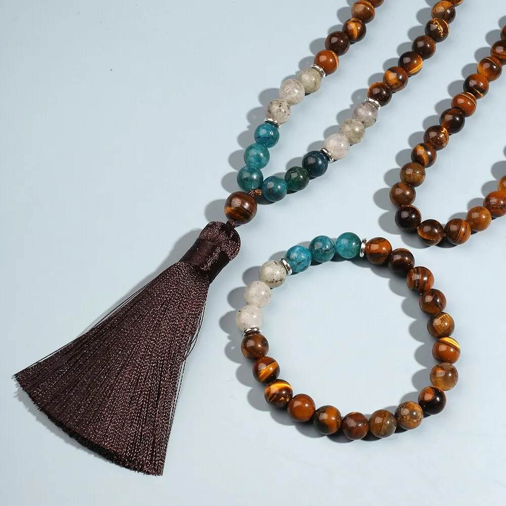 8mm Tiger Eye Apatite Labradorite Beaded Mala Necklace