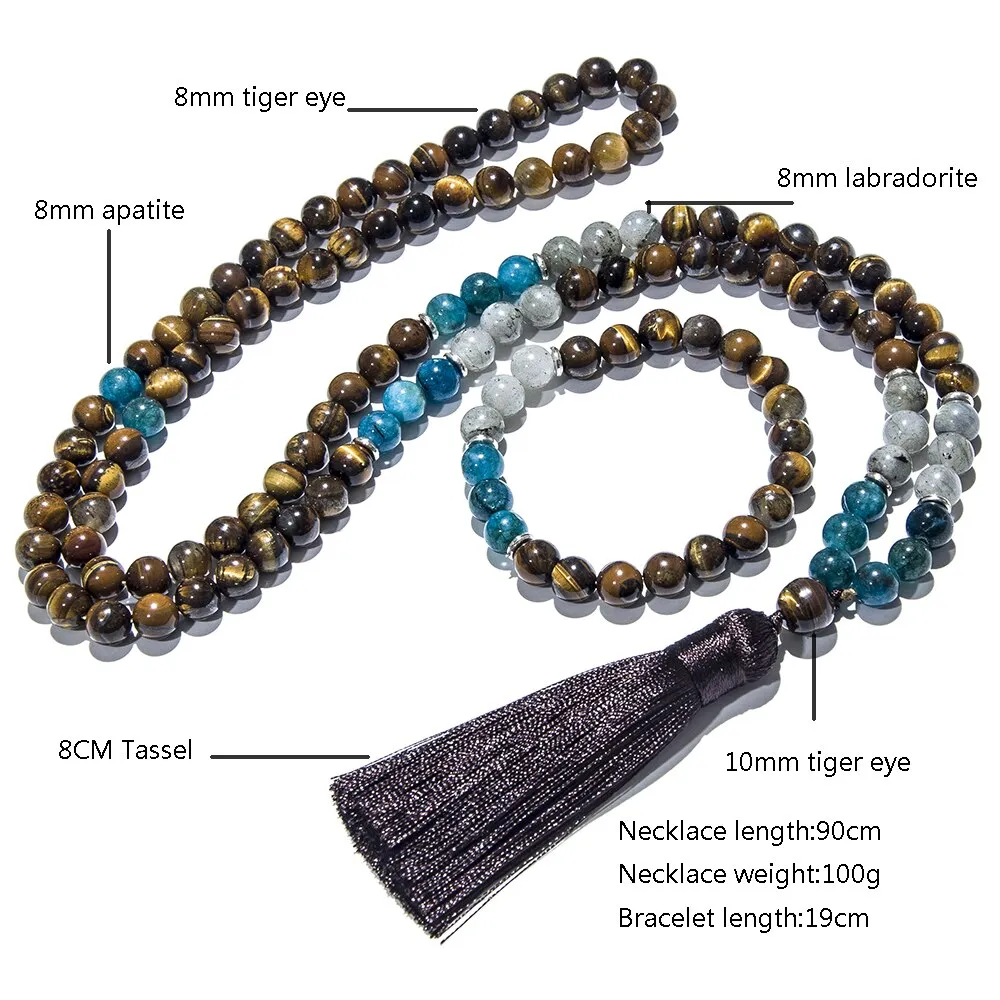 8mm Tiger Eye Apatite Labradorite Beaded Mala Necklace