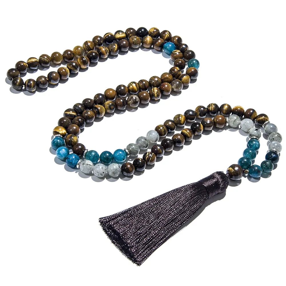 8mm Tiger Eye Apatite Labradorite Beaded Mala Necklace