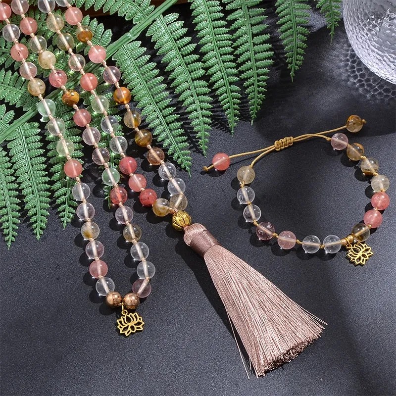8mm Watermelon Tourmaline Japamala Necklace Meditation Yoga Tibetan Jewelry Bracelet Set
