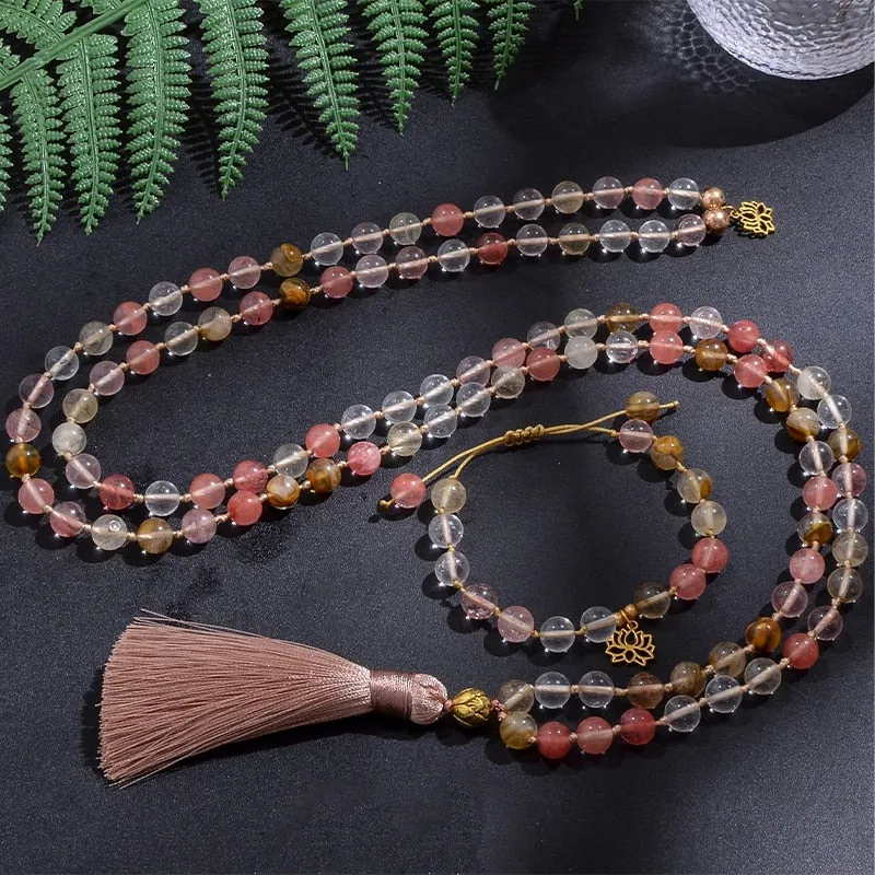 8mm Watermelon Tourmaline Japamala Necklace Meditation Yoga Tibetan Jewelry Bracelet Set