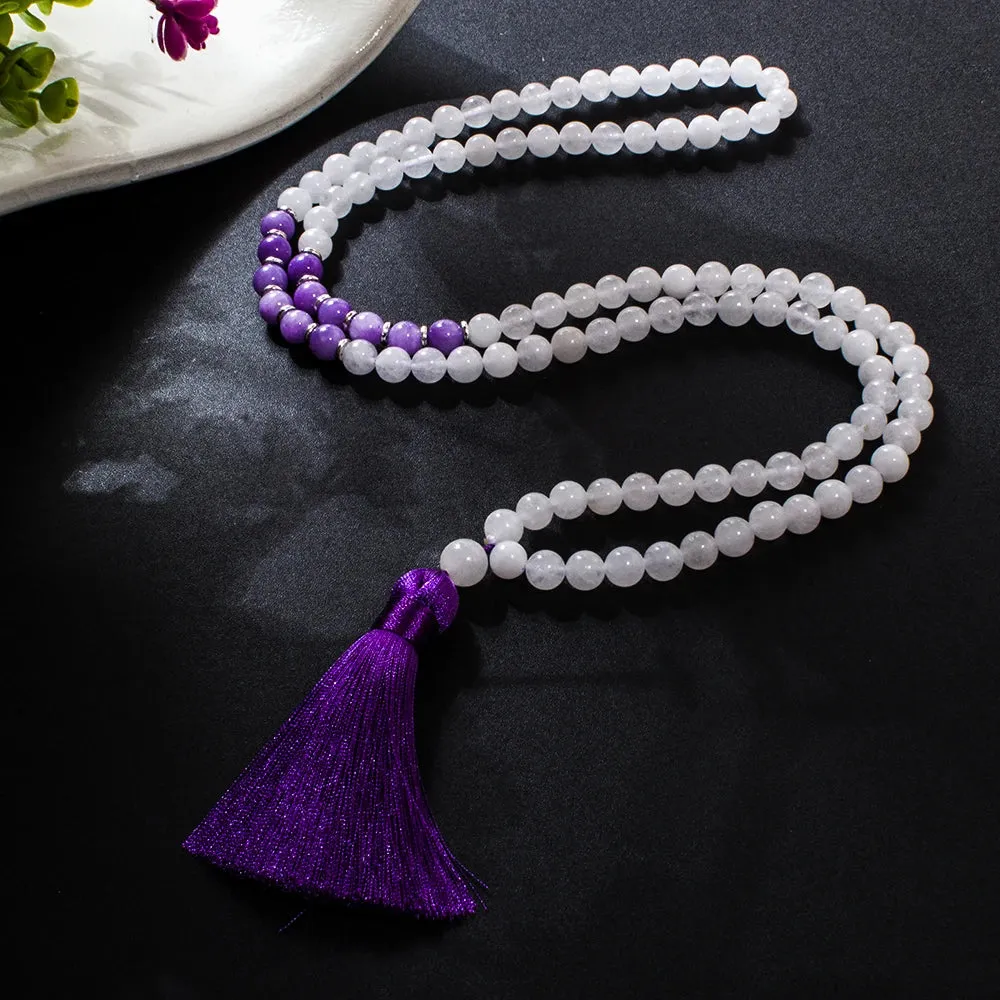 8mm White Jade Beaded 108 Mala Necklace Meditation Yoga Prayer Japamala Set