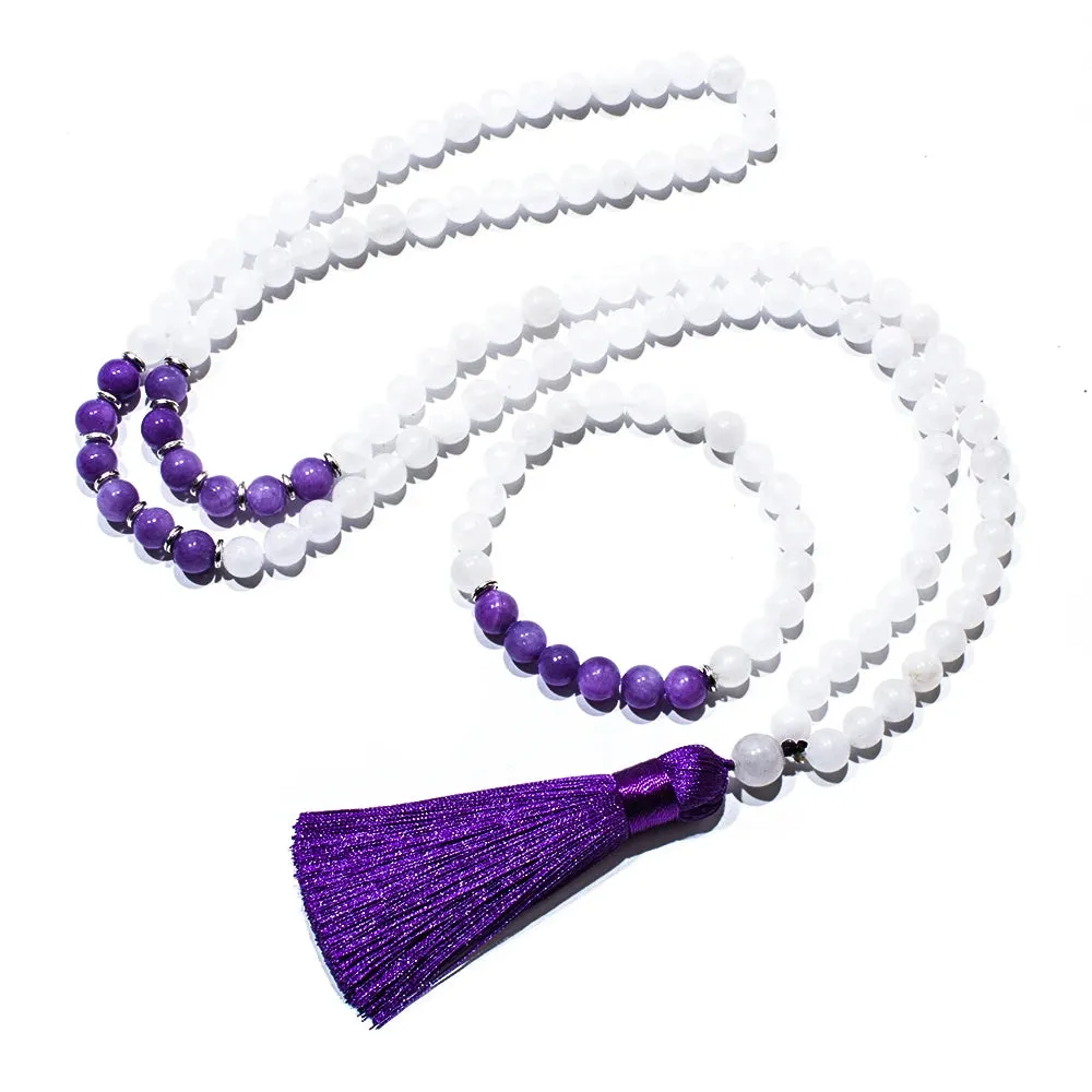 8mm White Jade Beaded 108 Mala Necklace Meditation Yoga Prayer Japamala Set