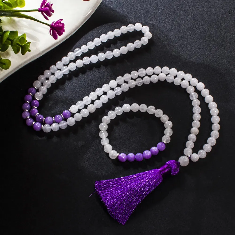8mm White Jade Beaded 108 Mala Necklace Meditation Yoga Prayer Japamala Set