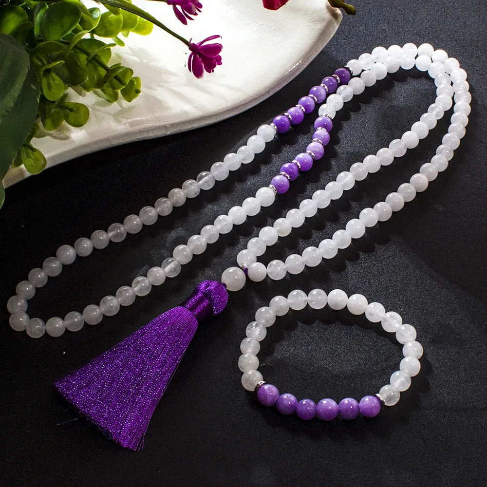 8mm White Jade Beaded 108 Mala Necklace Meditation Yoga Prayer Japamala Set
