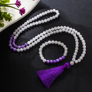 8mm White Jade Beaded 108 Mala Necklace Meditation Yoga Prayer Japamala Set