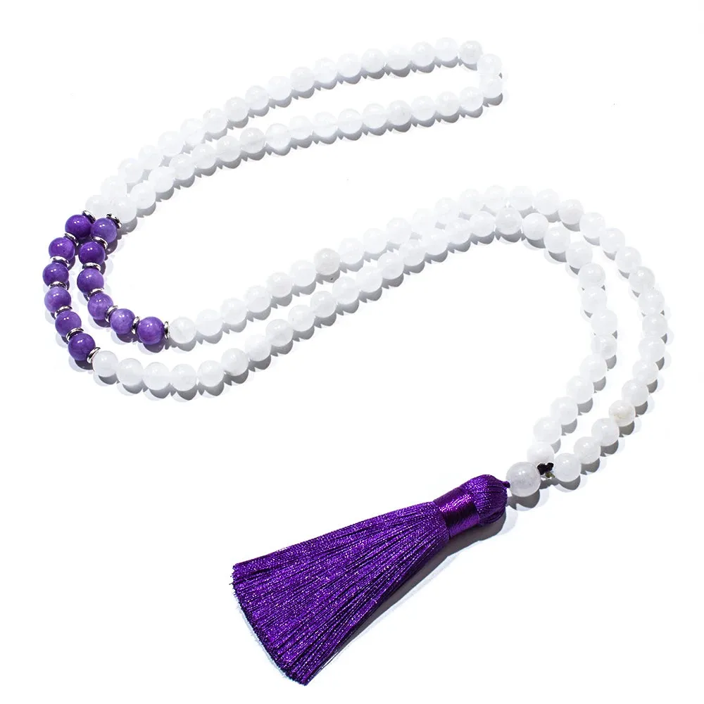8mm White Jade Beaded 108 Mala Necklace Meditation Yoga Prayer Japamala Set