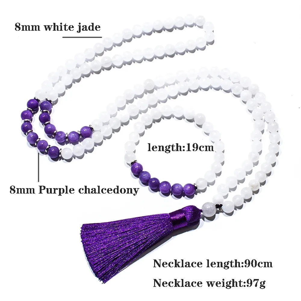 8mm White Jade Beaded 108 Mala Necklace Meditation Yoga Prayer Japamala Set