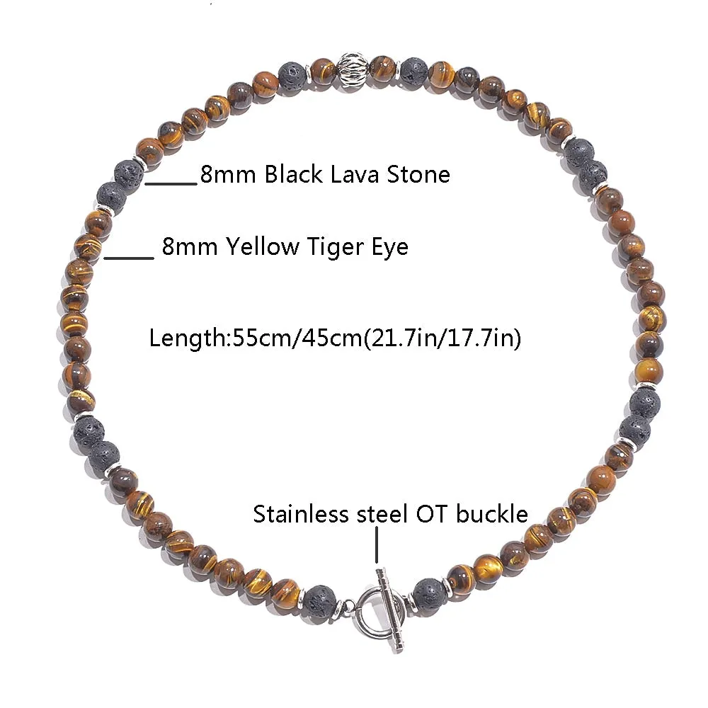 8mm Yellow Tiger Eyes Black Lava Stone Beaded Choker Necklace Stainless Steel Short Necklace