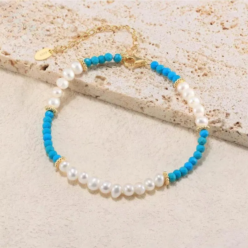 925 Sterling Silver Turquoise Bracelet with Exquisite Natural Pearl for Women