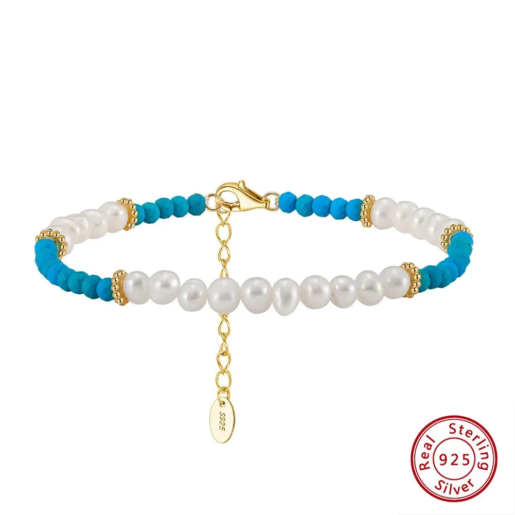 925 Sterling Silver Turquoise Bracelet with Exquisite Natural Pearl for Women