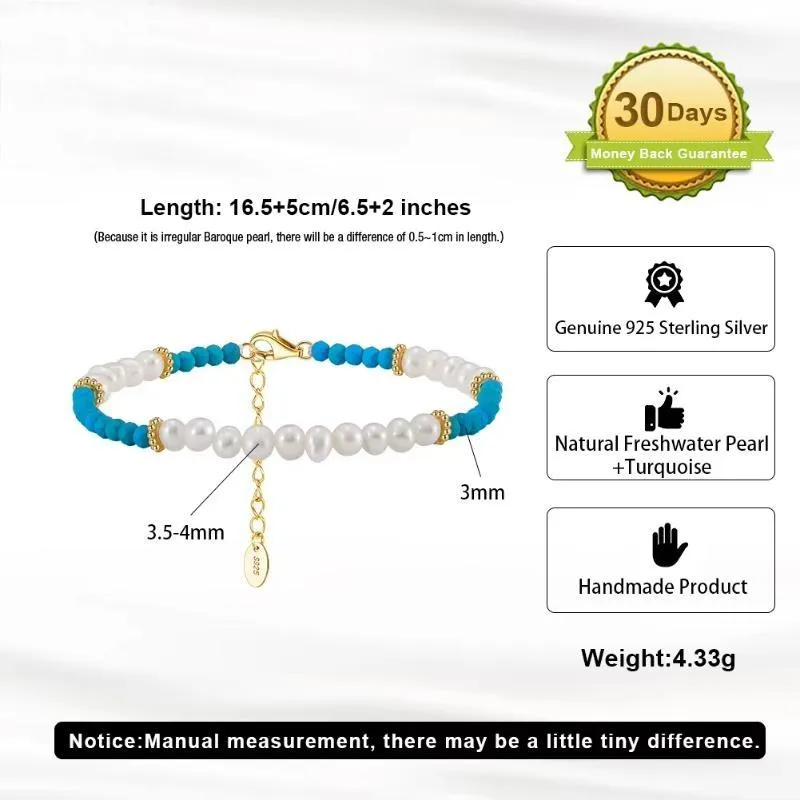 925 Sterling Silver Turquoise Bracelet with Exquisite Natural Pearl for Women