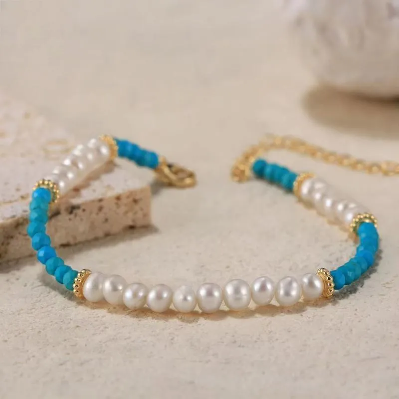 925 Sterling Silver Turquoise Bracelet with Exquisite Natural Pearl for Women