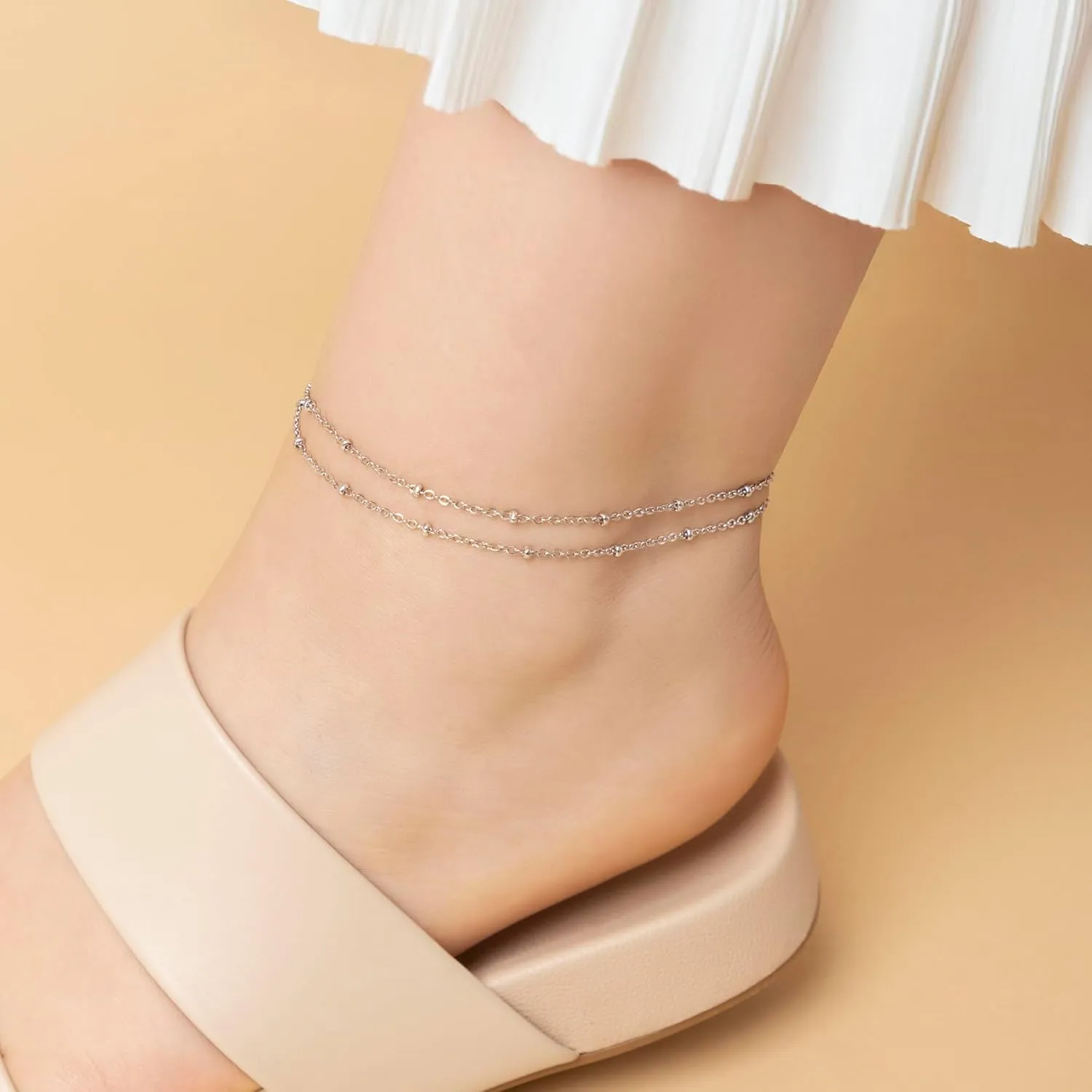 Amberta Silver Gold Waterproof Ankle Bracelets for Women | Boho Layered Anklets for Women | Summer Jewelry, Adjustable Ankle Chain Beaded Rope Heart