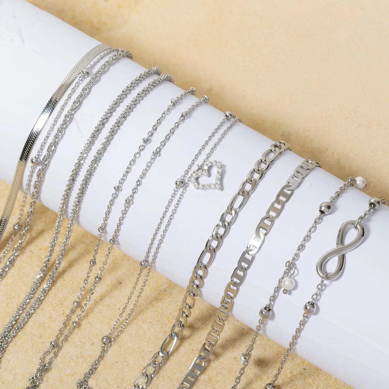 Amberta Silver Gold Waterproof Ankle Bracelets for Women | Boho Layered Anklets for Women | Summer Jewelry, Adjustable Ankle Chain Beaded Rope Heart