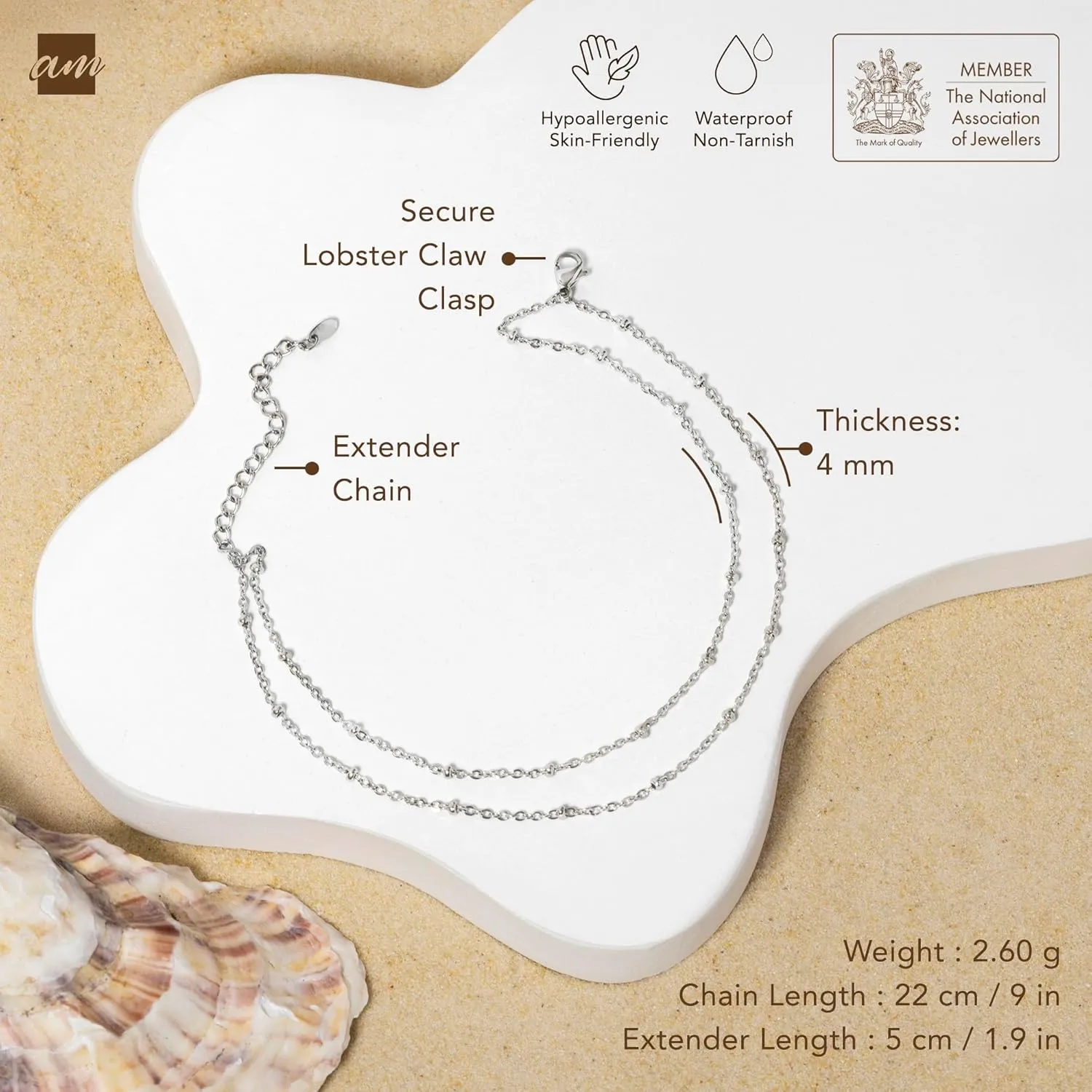 Amberta Silver Gold Waterproof Ankle Bracelets for Women | Boho Layered Anklets for Women | Summer Jewelry, Adjustable Ankle Chain Beaded Rope Heart