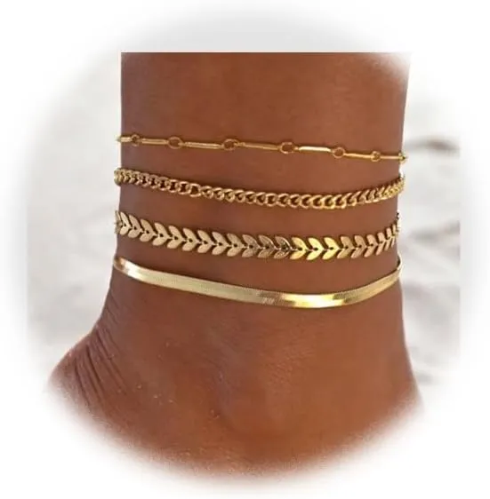 Ankle Bracelets for women 14 Gold Plated Waterproof Layered lightweight Cuban Link Figaro Chain Pearl Anklets Set Gold Anklets Jewelry for women Trendy 4pcs