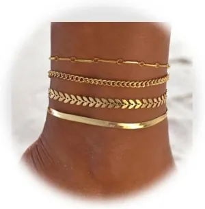 Ankle Bracelets for women 14 Gold Plated Waterproof Layered lightweight Cuban Link Figaro Chain Pearl Anklets Set Gold Anklets Jewelry for women Trendy 4pcs