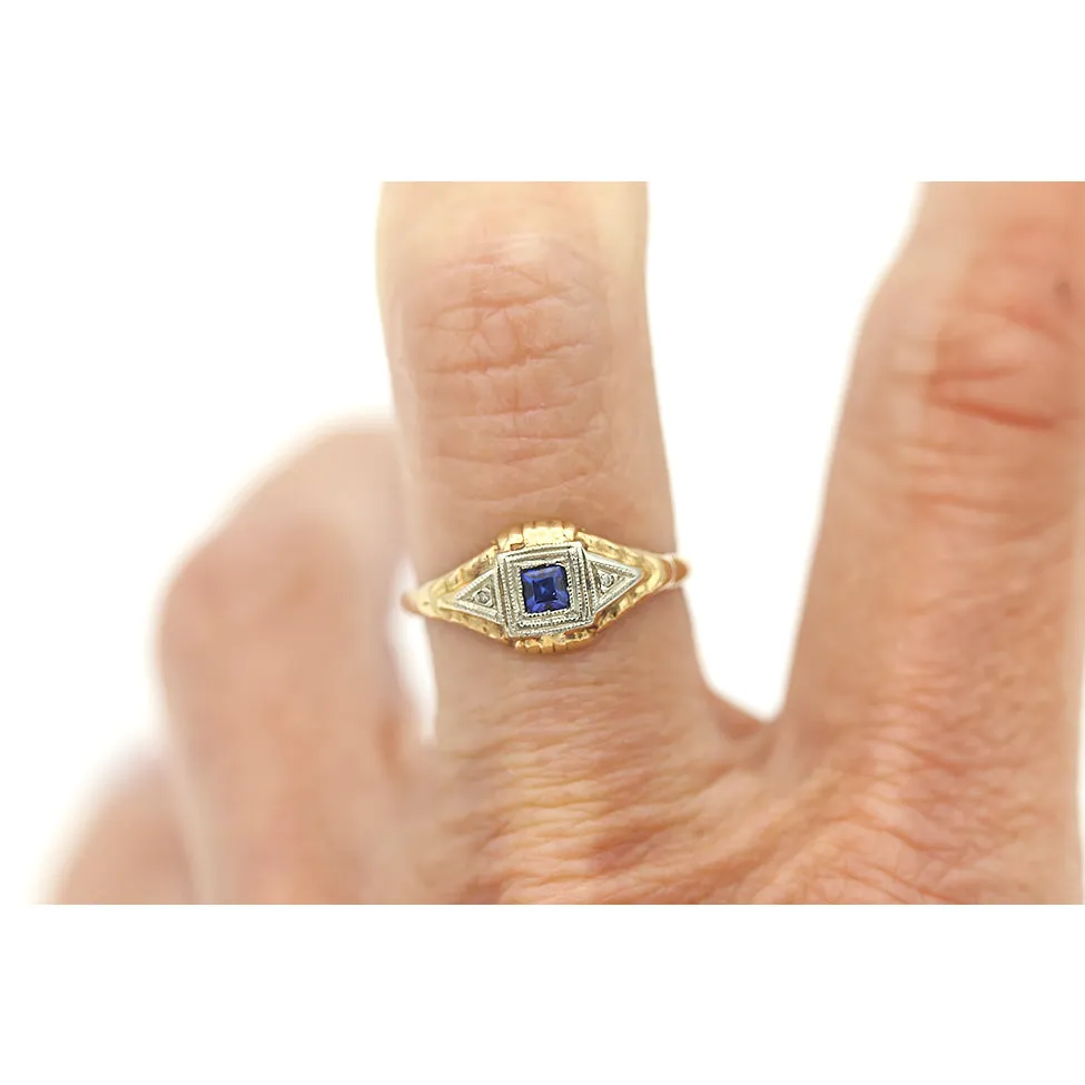 Antique 14 Kt Two Tone Square Cut Sapphire Engagement Ring with Side Stones