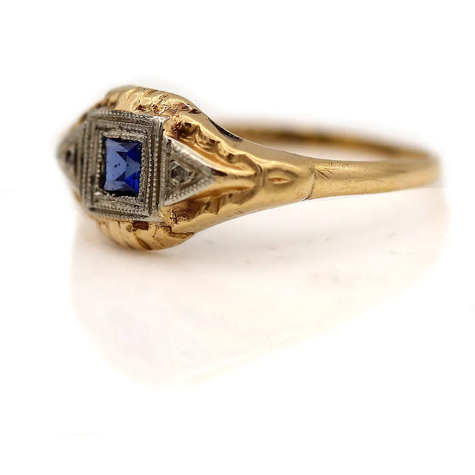 Antique 14 Kt Two Tone Square Cut Sapphire Engagement Ring with Side Stones