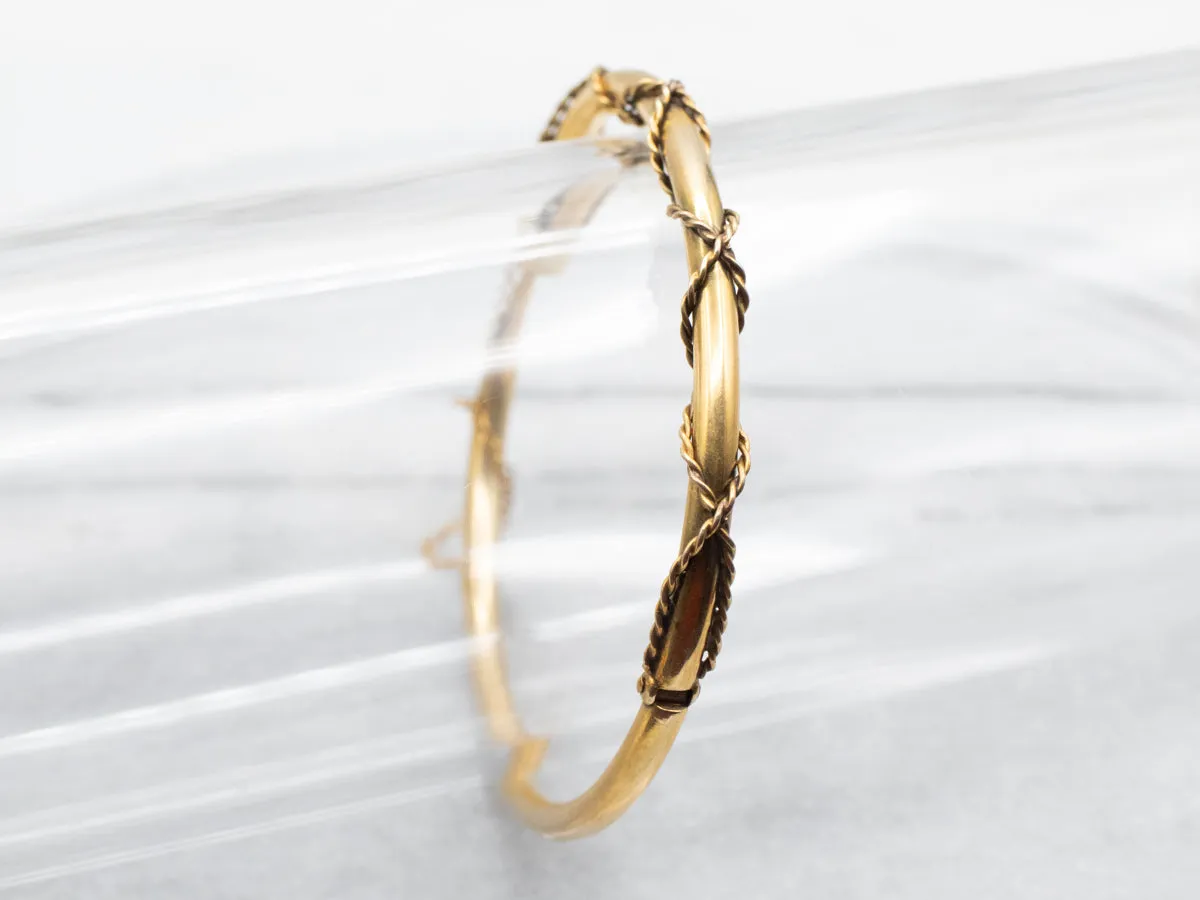 Antique Hinged Gold Bangle Bracelet with Twist Detail