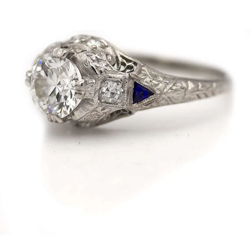 Art Deco 1.07 CTW Old European Cut Diamond Engagement Ring Sapphires Platinum GIA H/VS2