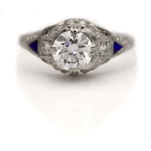 Art Deco 1.07 CTW Old European Cut Diamond Engagement Ring Sapphires Platinum GIA H/VS2