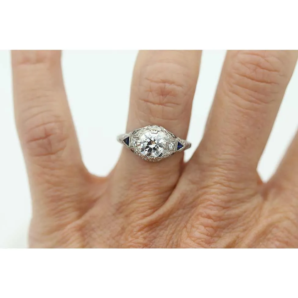 Art Deco 1.07 CTW Old European Cut Diamond Engagement Ring Sapphires Platinum GIA H/VS2