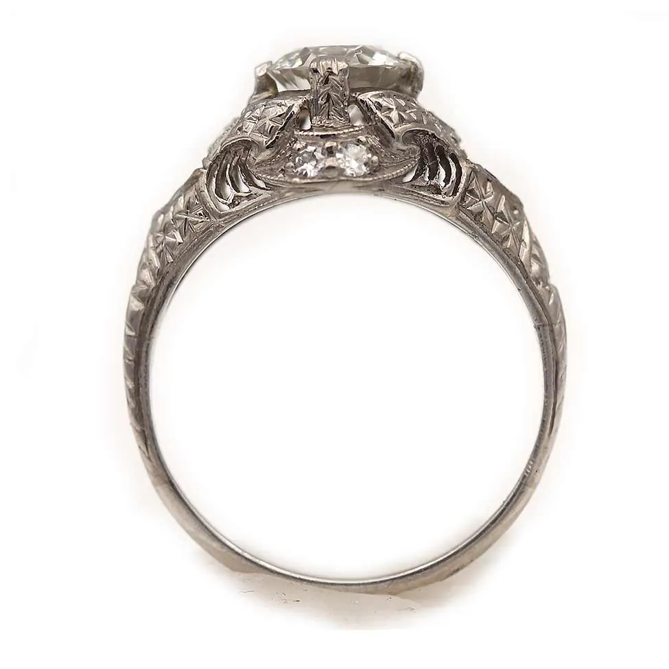 Art Deco 1.07 CTW Old European Cut Diamond Engagement Ring Sapphires Platinum GIA H/VS2
