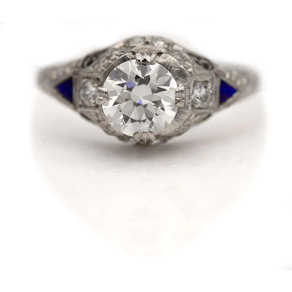 Art Deco 1.07 CTW Old European Cut Diamond Engagement Ring Sapphires Platinum GIA H/VS2