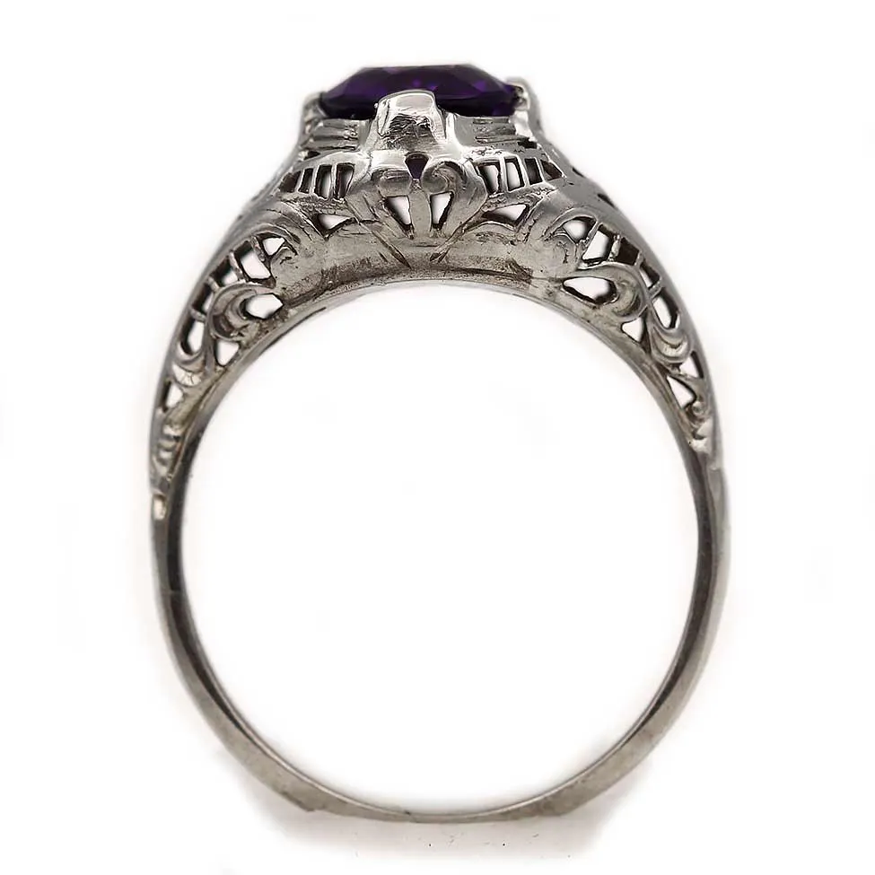 Art Deco 1.10 CTW Round Cut Amethyst 14K Karat White Gold Antique Engagement Ring