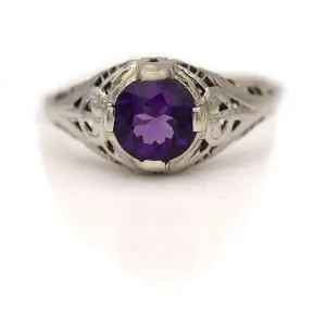 Art Deco 1.10 CTW Round Cut Amethyst 14K Karat White Gold Antique Engagement Ring