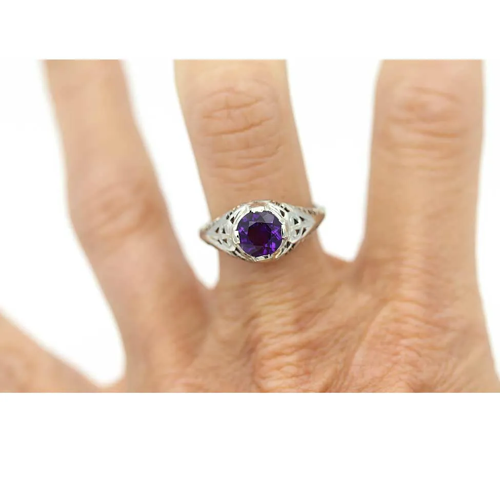 Art Deco 1.10 CTW Round Cut Amethyst 14K Karat White Gold Antique Engagement Ring